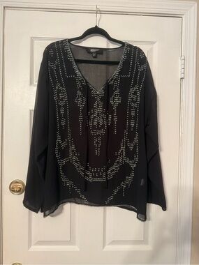 Fair Child Beaded Black V-Neck Long-Sleeve Blouse